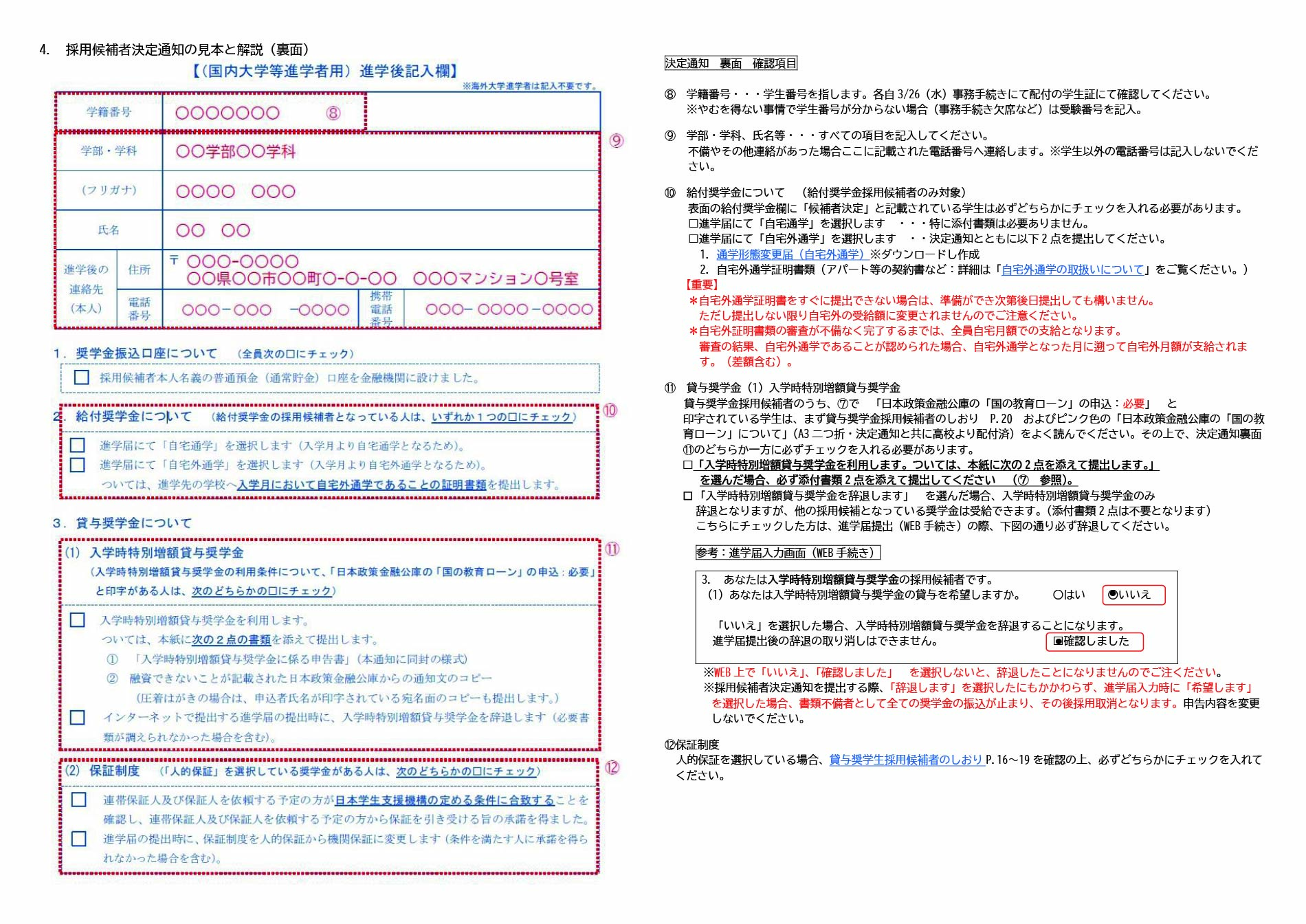 採用候補者決定通知の見本と解説（裏面）