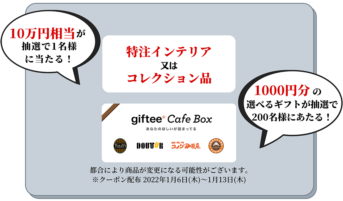 10万円相当が抽選で1名様に当たる！ 特注インテリア 又は コレクション品 giftee Cafe Box 1000円分の選べるギフトが抽選で200名様にあたる！