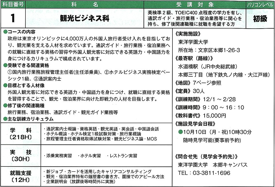 東洋学園大学_東京都再就職職業訓練「観光ビジネス科」資料